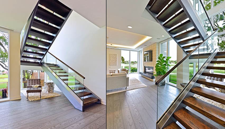 Modern staircase with glass balusters and wood steps