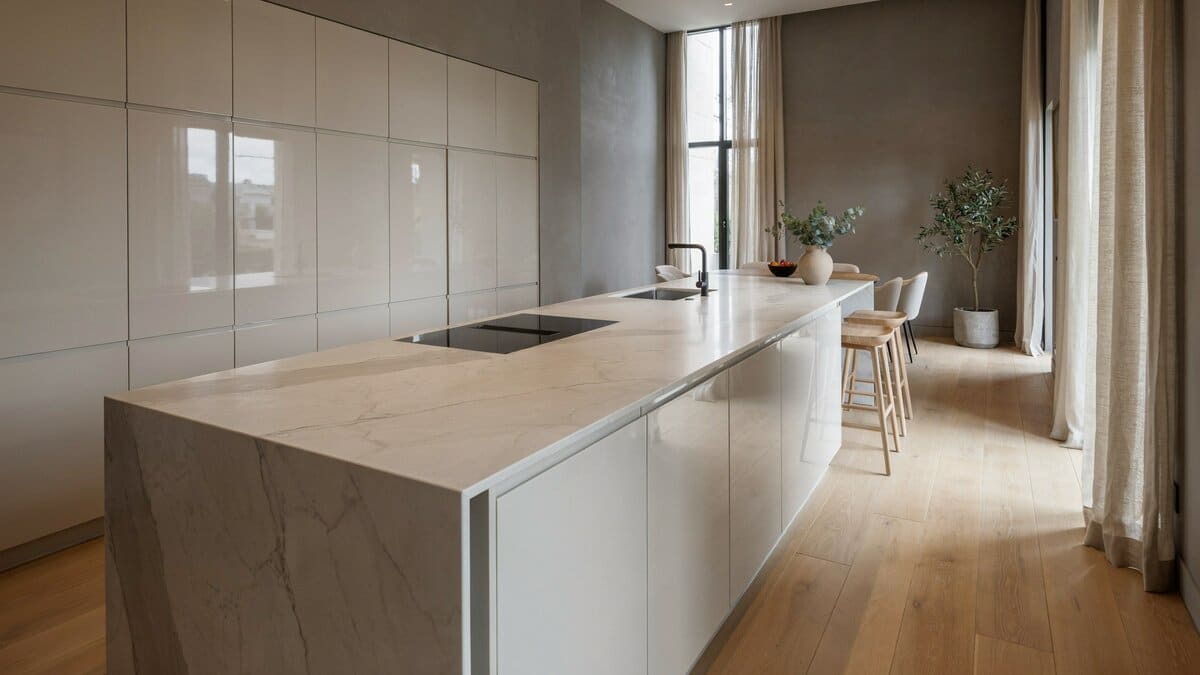 White gloss cabinets against gunmetal walls with a narrow marble divider island