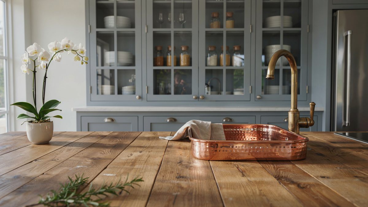 Close view of a weathered plank counter holding a hammered copper sink