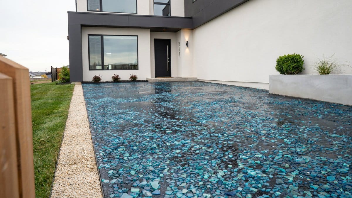 Blue and turquoise recycled glass surface driveway beside a white modern house
