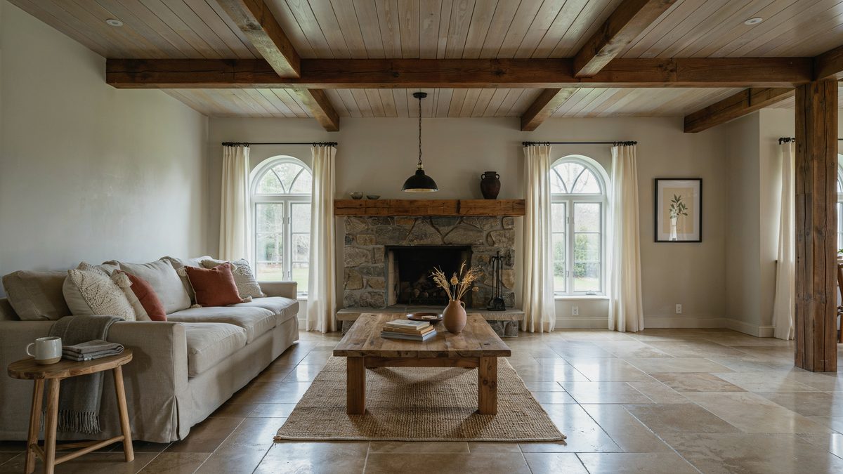 Warm greige tile slabs under exposed timber beams and a stacked stone hearth
