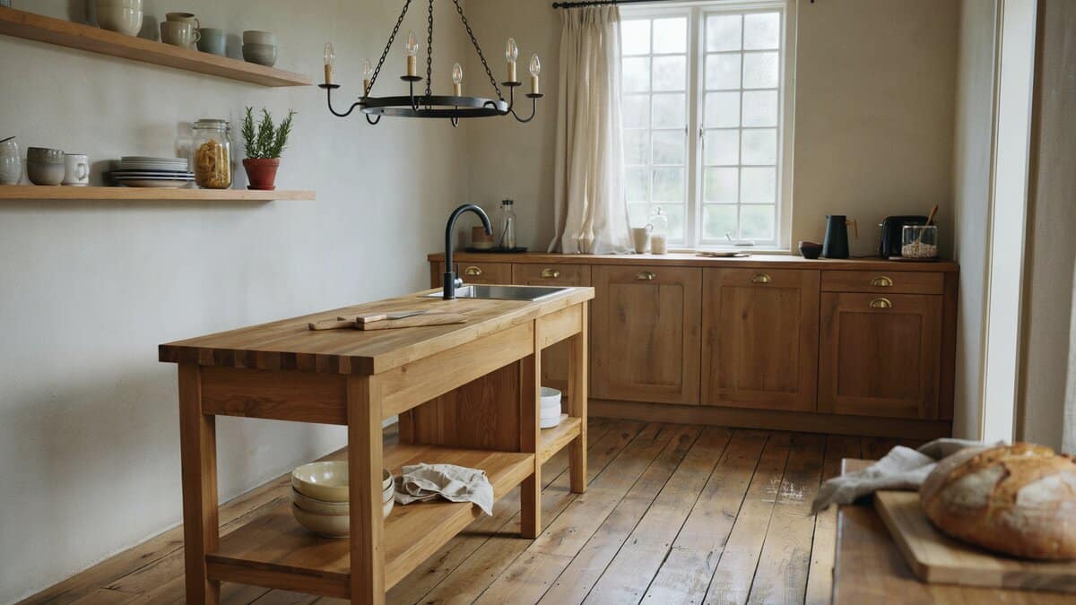 Solid oak cabinets and a wide wood topped island under an iron chandelier