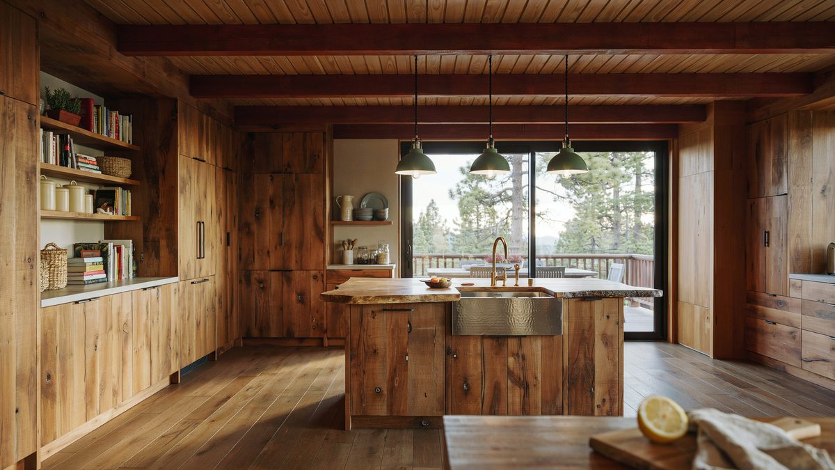 Redwood plank ceiling and cabinets framing an island with a hammered metal sink