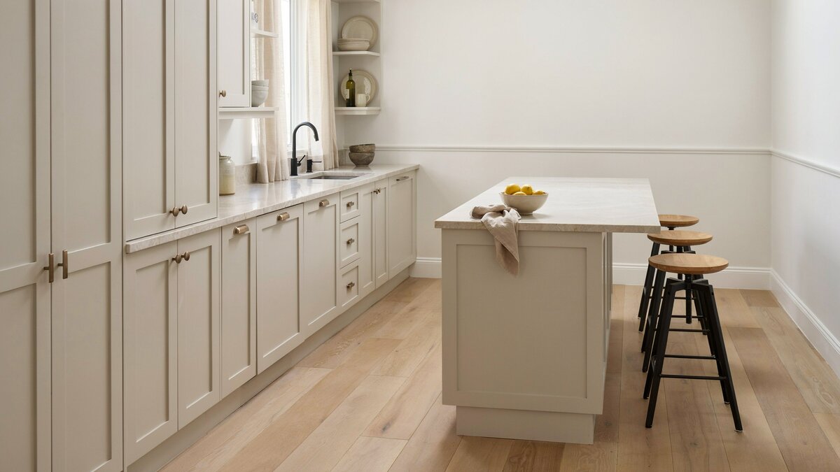 Warm gray paneled cabinets with soapstone counters and four metal bar stools