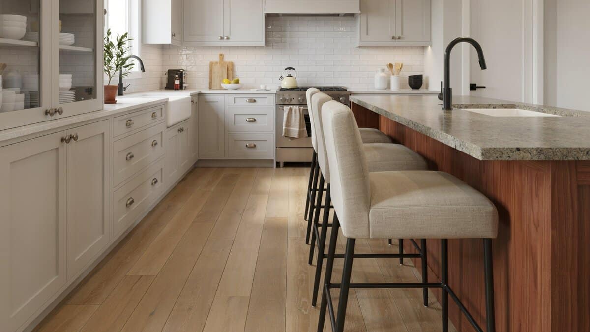 Compact corner layout with a mahogany island sink and three upholstered stools