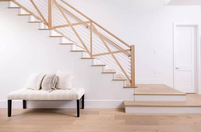 Staircase railings with wood struts railing and metal wire