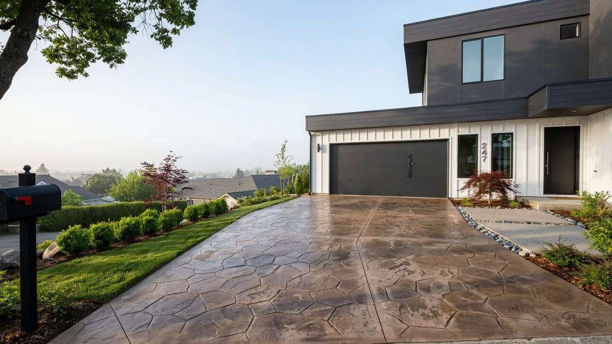 Brown stamped concrete driveway with irregular stone pattern at a contemporary hillside house