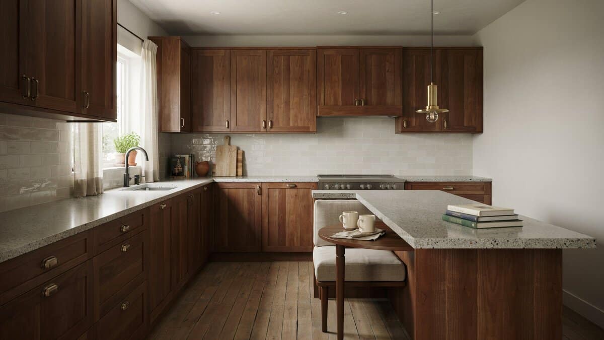 Oiled walnut L shaped cabinets beside a banquette nook and narrow island