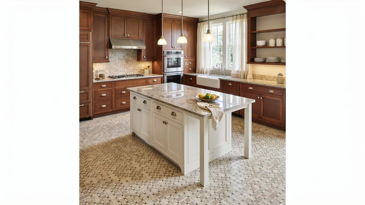 Classic oak cabinetry around a white based island with speckled granite counters