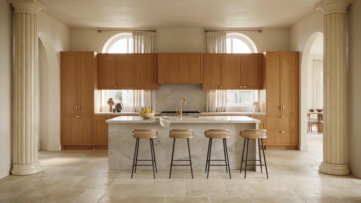 Teak cabinets with faux columns and a wide off white island seating four