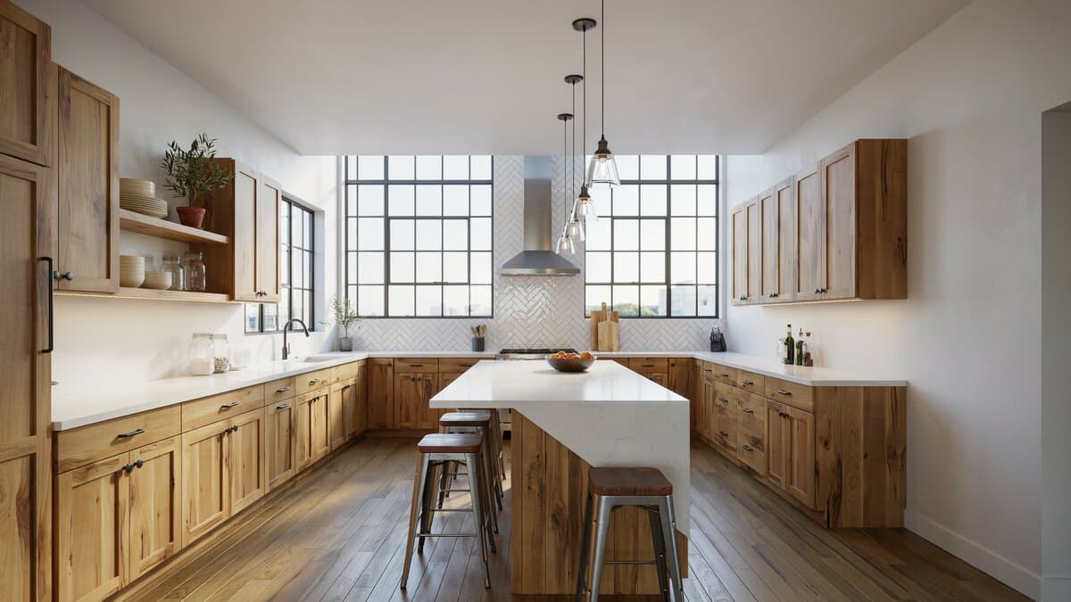 Rustic oak cabinets, chevron backsplash and an angular eat in island