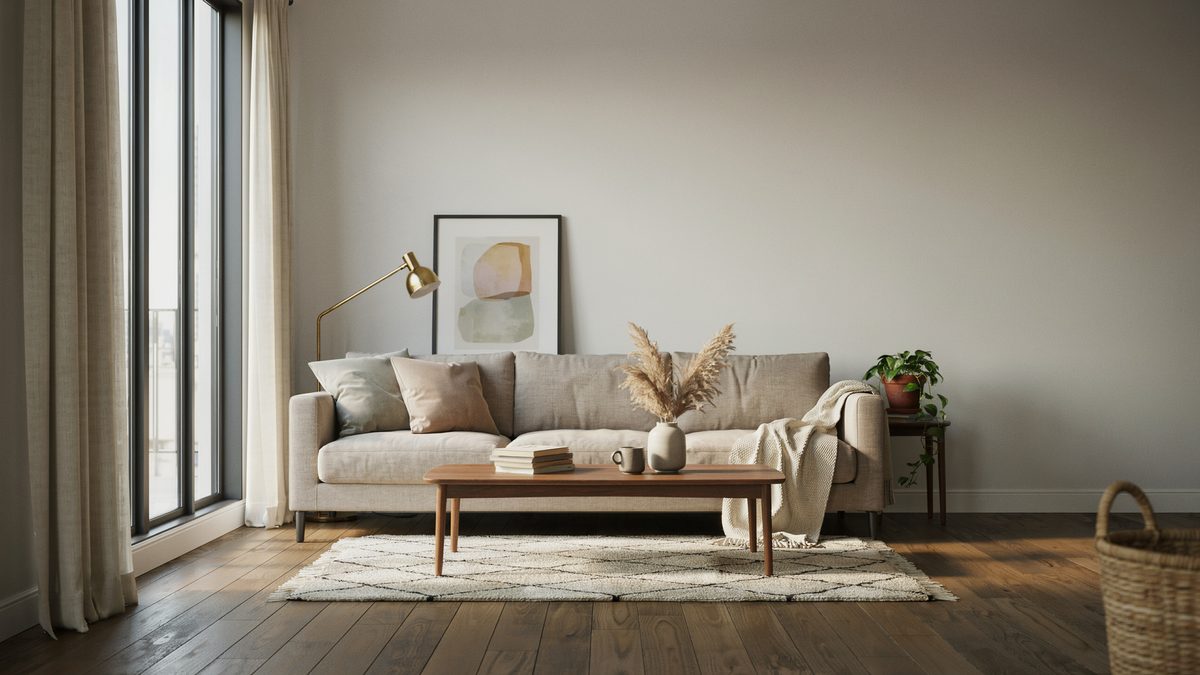 Dark stained oak boards under a low beige sofa beside a floor to ceiling window