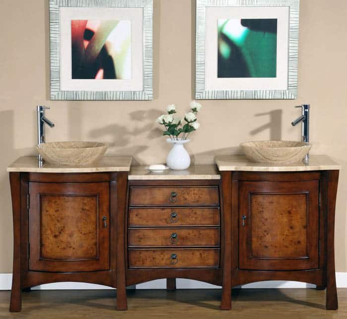 Travertine bathroom vanity with dual sinks