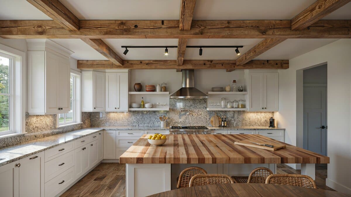 Exposed log trusses and track lights over a butcher block topped island