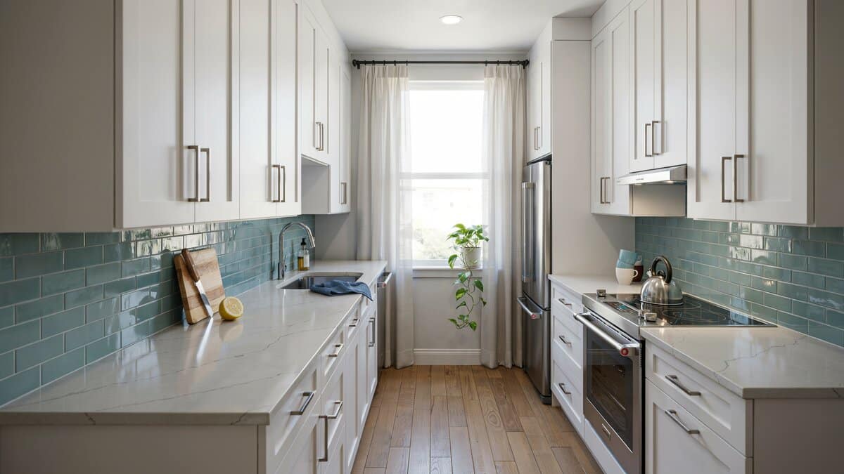 Narrow galley kitchen with an aqua glass tile backsplash and glossy white cabinets