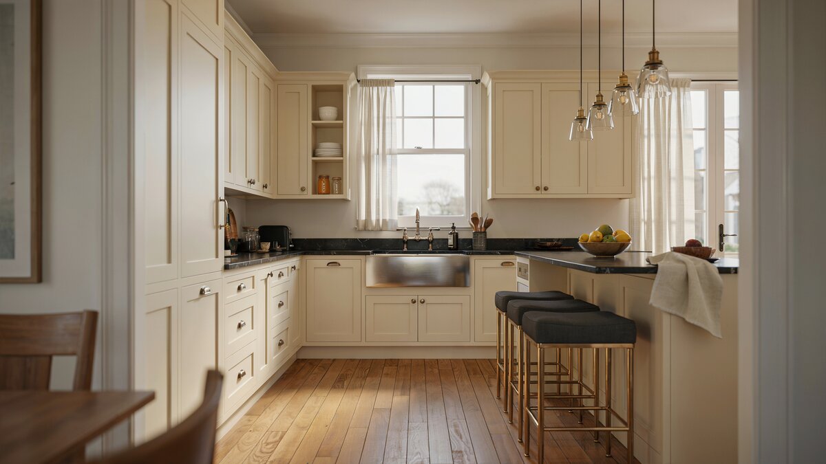 Cream cabinets with black granite counters and three dark stools at the bar