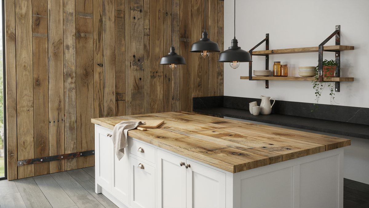 Butcher block plank island set against a floor to ceiling barn board wall