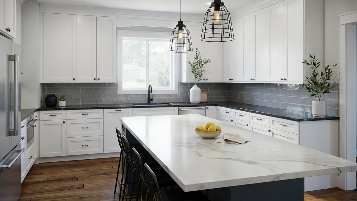 Dark oak floors under a marble topped dining island and cage pendants
