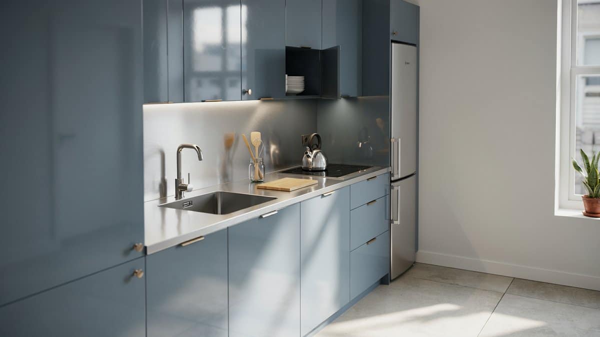 Slate blue gloss cabinets with a stainless steel counter and backsplash