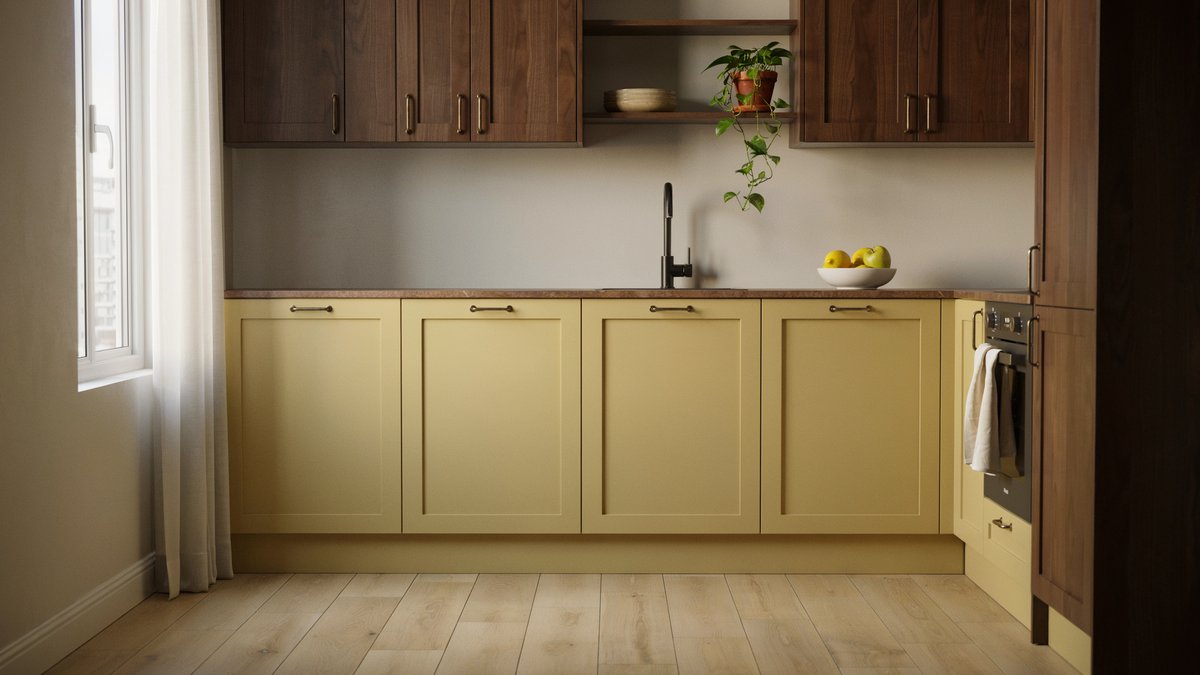 Matte yellow lower cabinets paired with dark teak upper cabinets