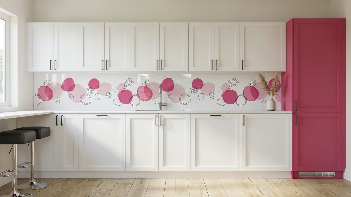 White cabinets beside a fuchsia pantry and printed pink glass backsplash
