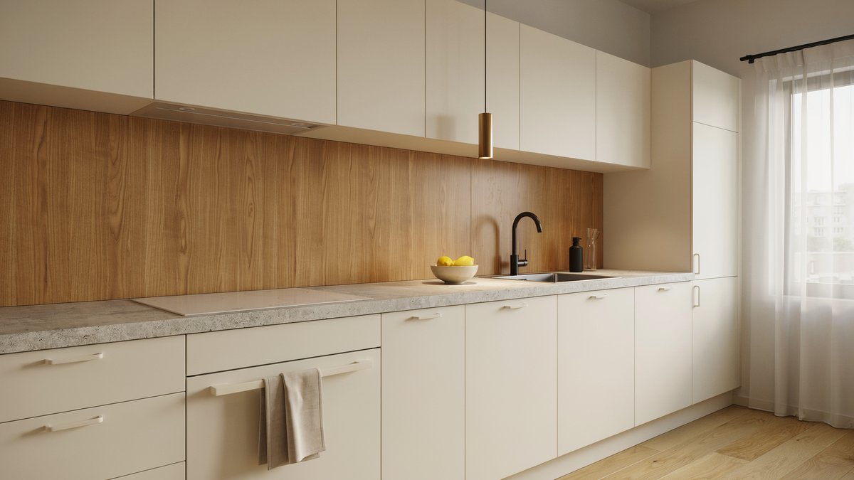 Wood laminate wall behind off white cabinets and a pale stone counter