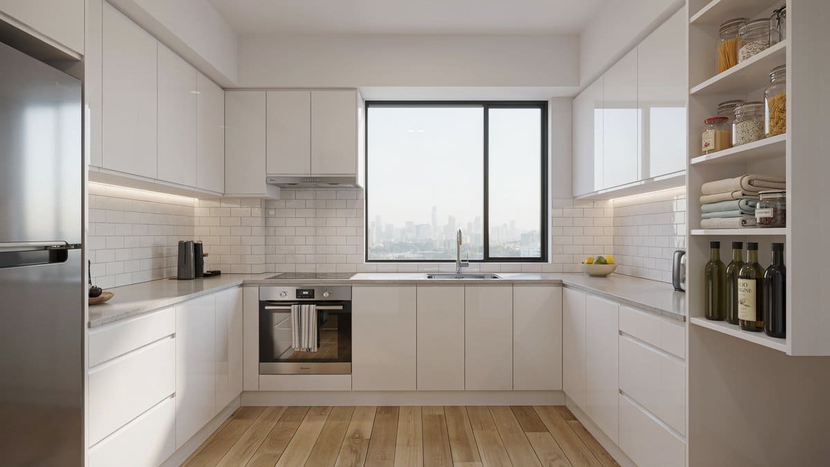 Glossy white U shape kitchen with a city window and light gray counters