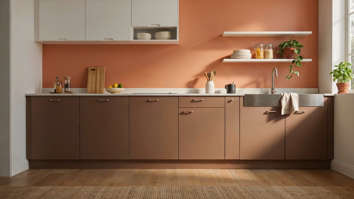 Chocolate brown base cabinets set against a bright tangerine painted wall