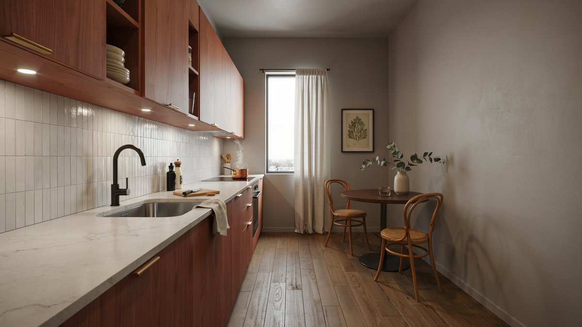 Rosewood galley cabinets with white soapstone counters and a small dining table