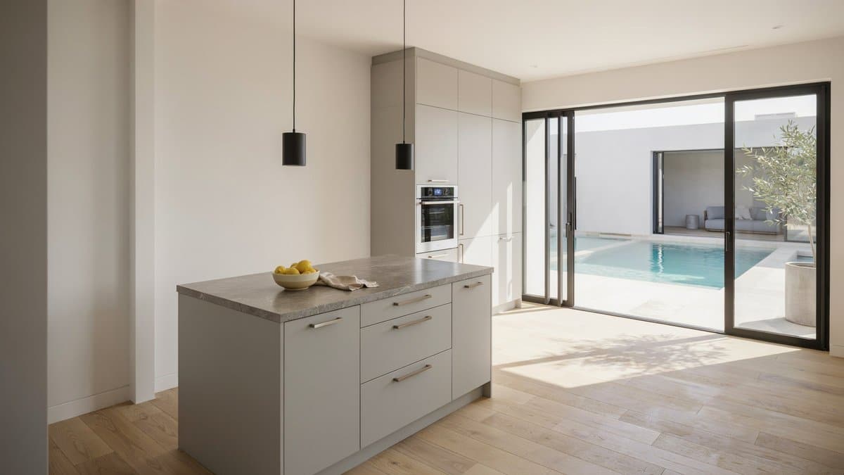 Gray island kitchen with sliding glass doors opening toward a pool