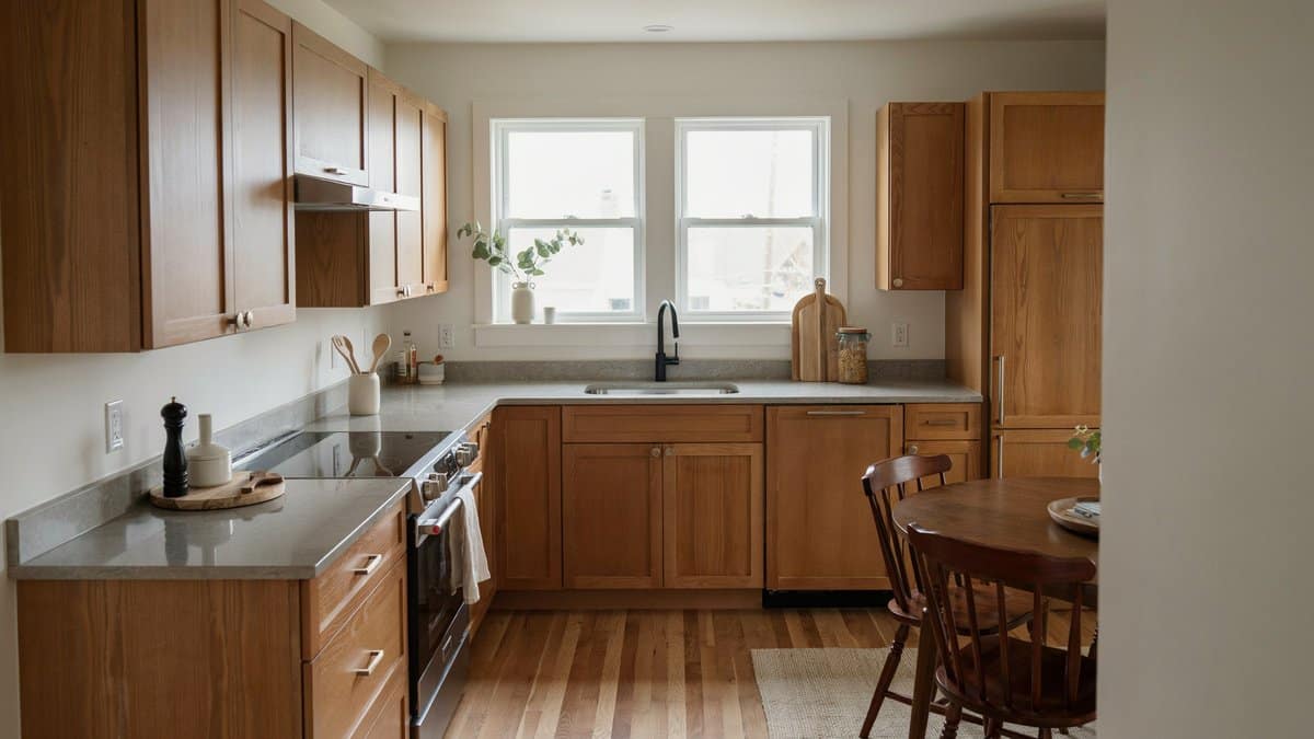 Oak cabinets wrapping a U shape counter beside a window and dining chairs