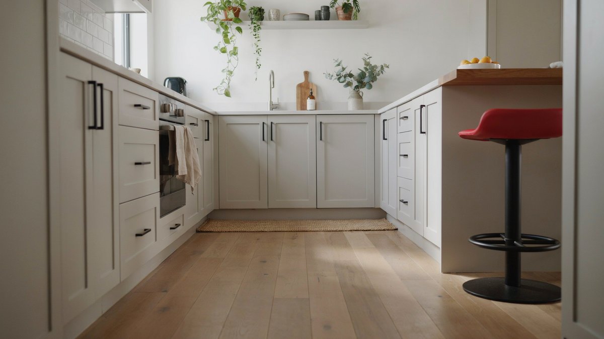 All white U shape kitchen with a red stool and trailing plants