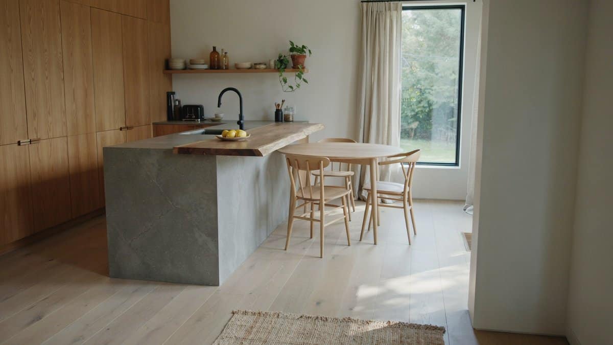 Tall wood cabinets with a concrete island and round dining table