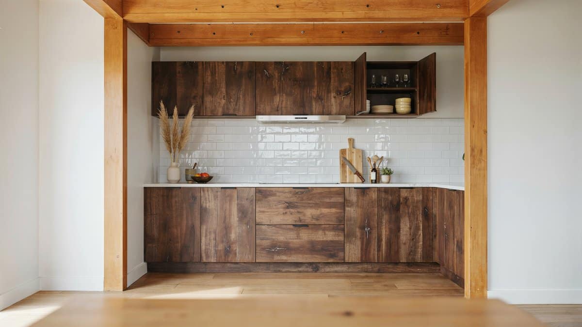 Dark wood cabinets framed by exposed teak beams and a white tile wall