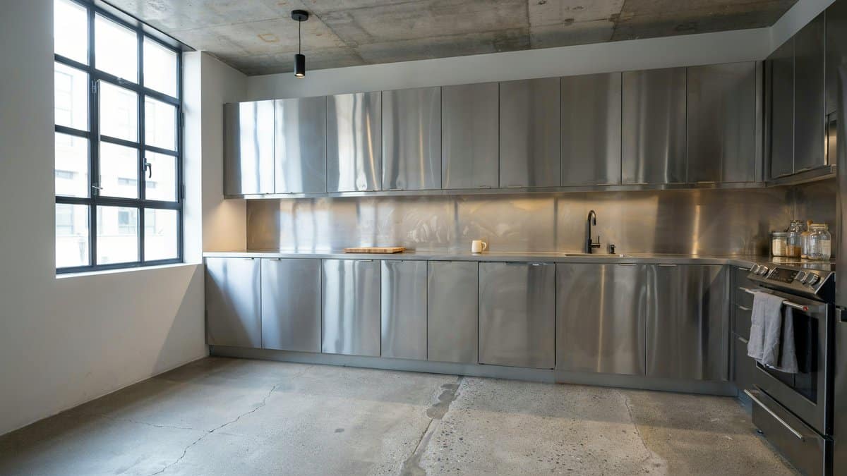 Stainless steel counters and cabinets in an industrial loft kitchen