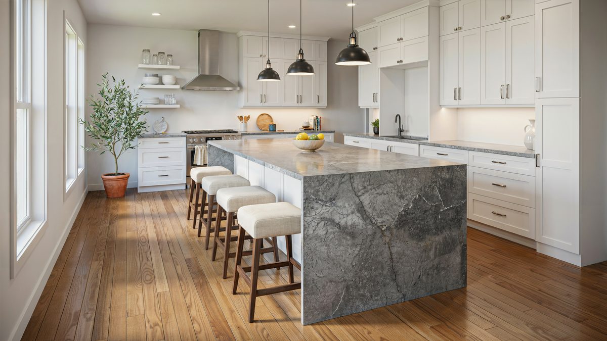 Gray stone waterfall island with seating for six in a bright white kitchen