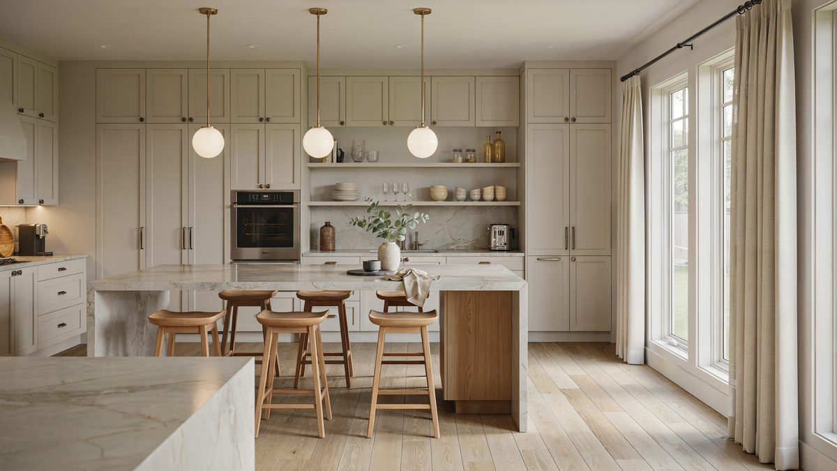 Round globe pendants hang over a marble dining island on oak flooring