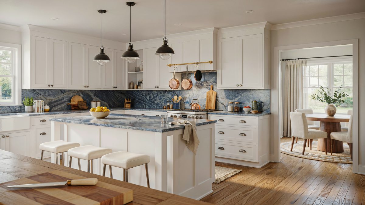 Blue pearl granite counters and backsplash open to a round dining table