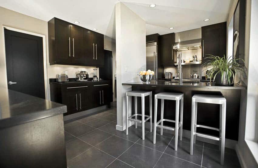 Contemporary kitchen with black cabinets and island support wall