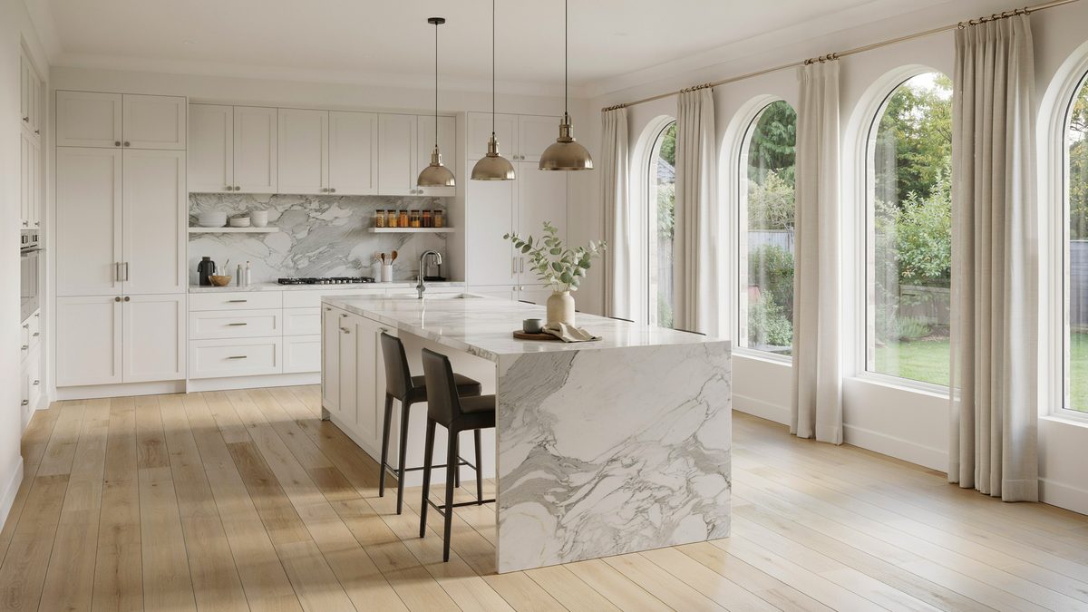 Long marble island faces a row of arched windows and pale plank floors
