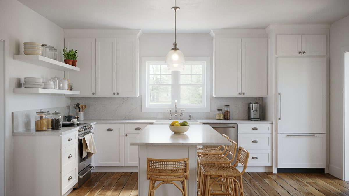 Panel hidden refrigerator and a small breakfast island with rattan stools