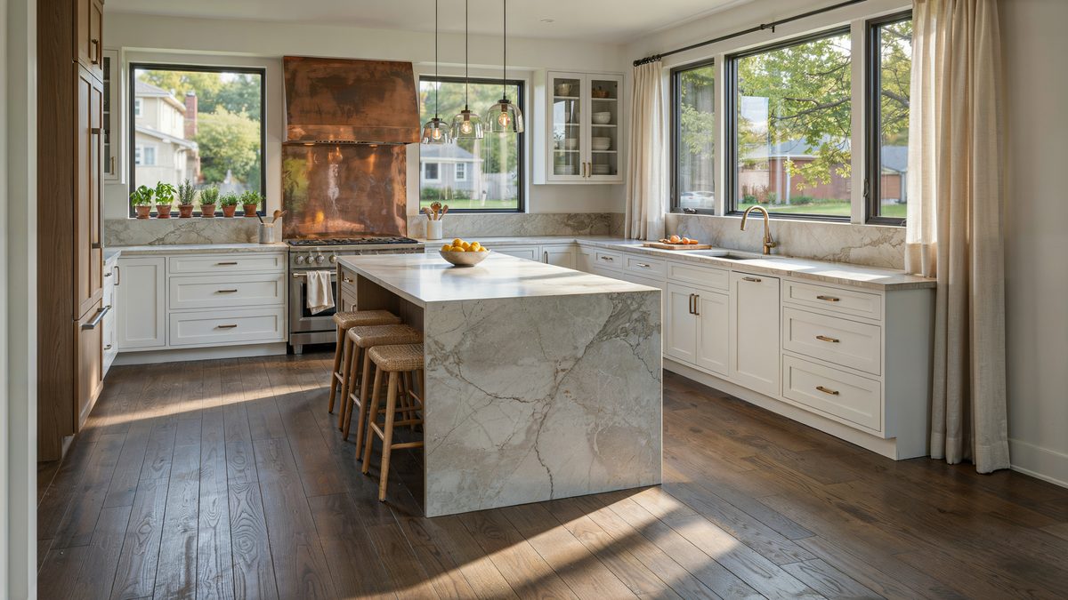 Copper range hood and wrap around windows above dark hickory plank floors