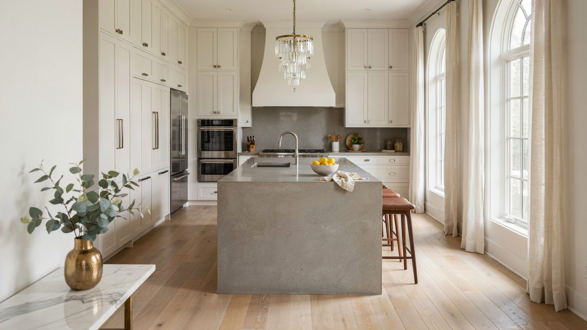 Tall white cabinets flank a concrete island lit by a crystal chandelier