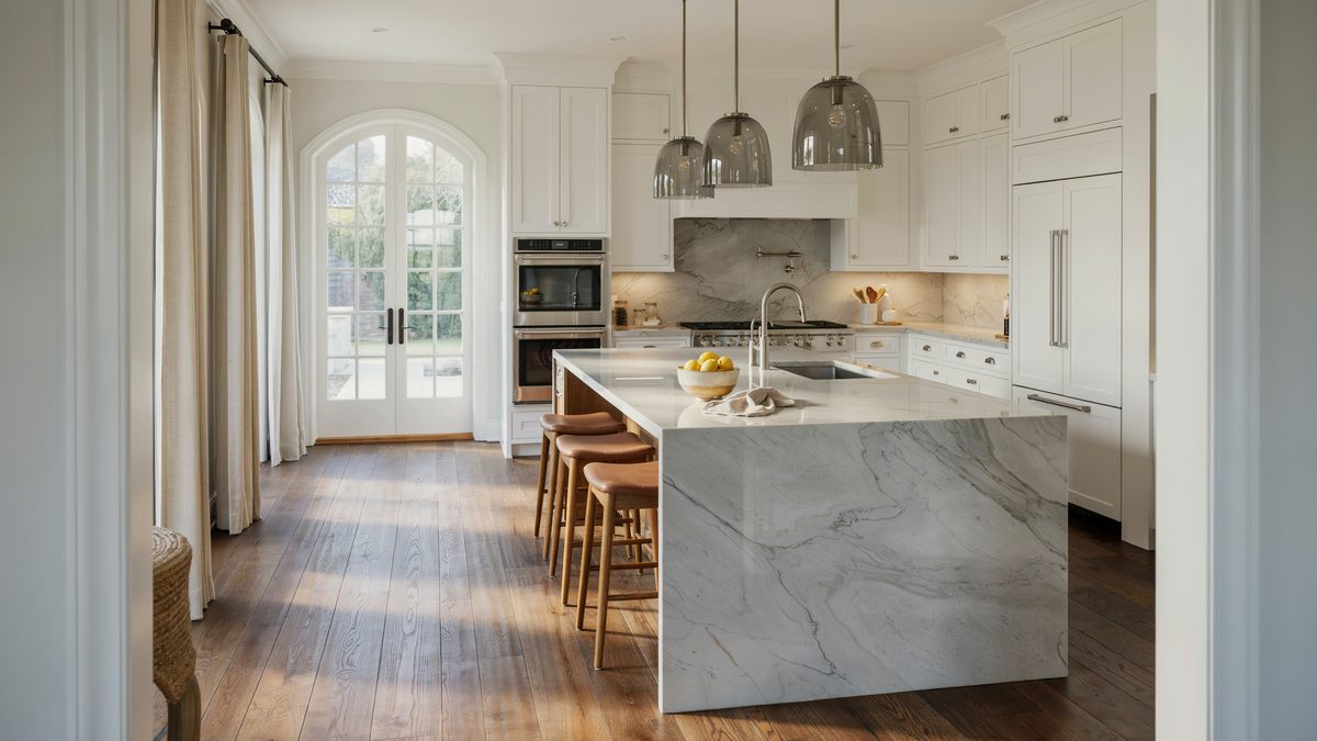 Oversized marble island with breakfast seating beside glass french doors