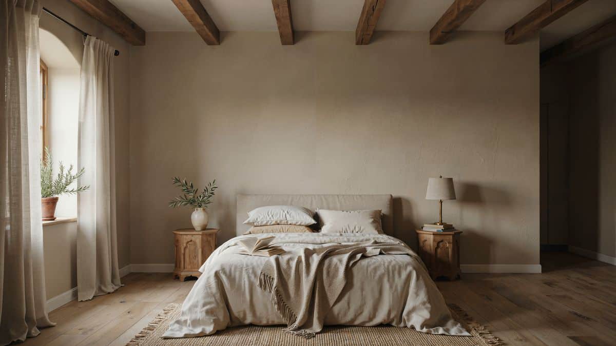 Mediterranean bedroom with light brown walls, exposed ceiling beams and plank wood floor