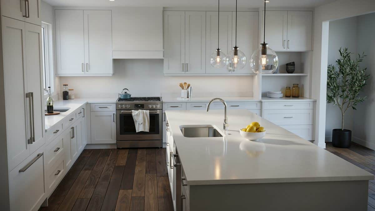 Seamless solid surface island and glass pendants above dark wood flooring