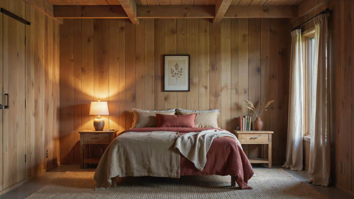 Rustic bedroom with wood plank walls, timber beams and deep red bedding