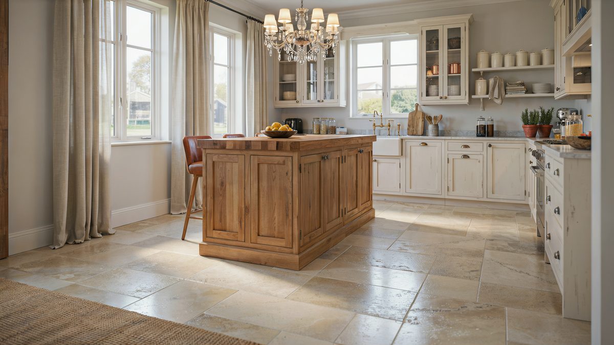 Travertine floors and an oak island anchor this chandelier lit white kitchen
