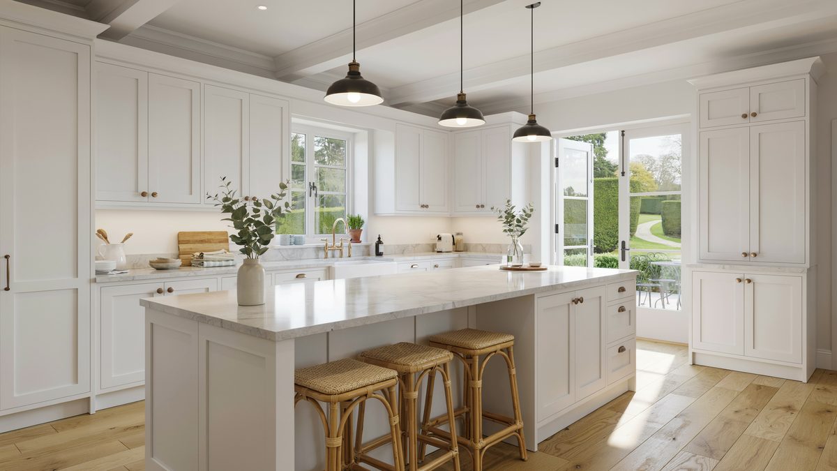 Coffered ceiling above a large white quartz island near open french doors