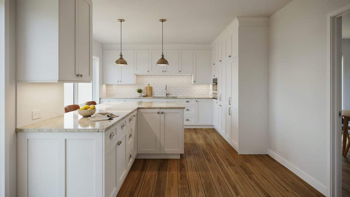 Speckled granite counters and walnut floors under a pair of brass pendants